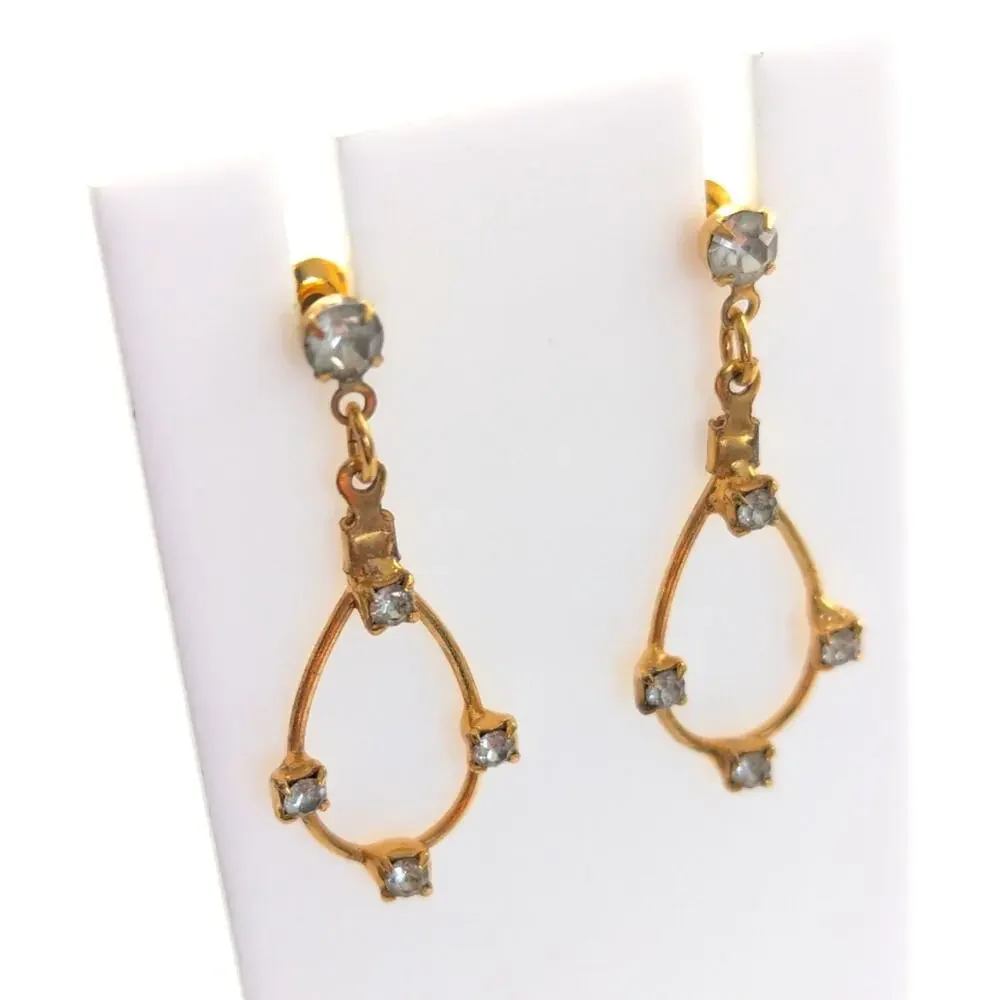 Vintage Prong Set Rhinestone Gold Tone Modernist Dangle Drop Post Earrings